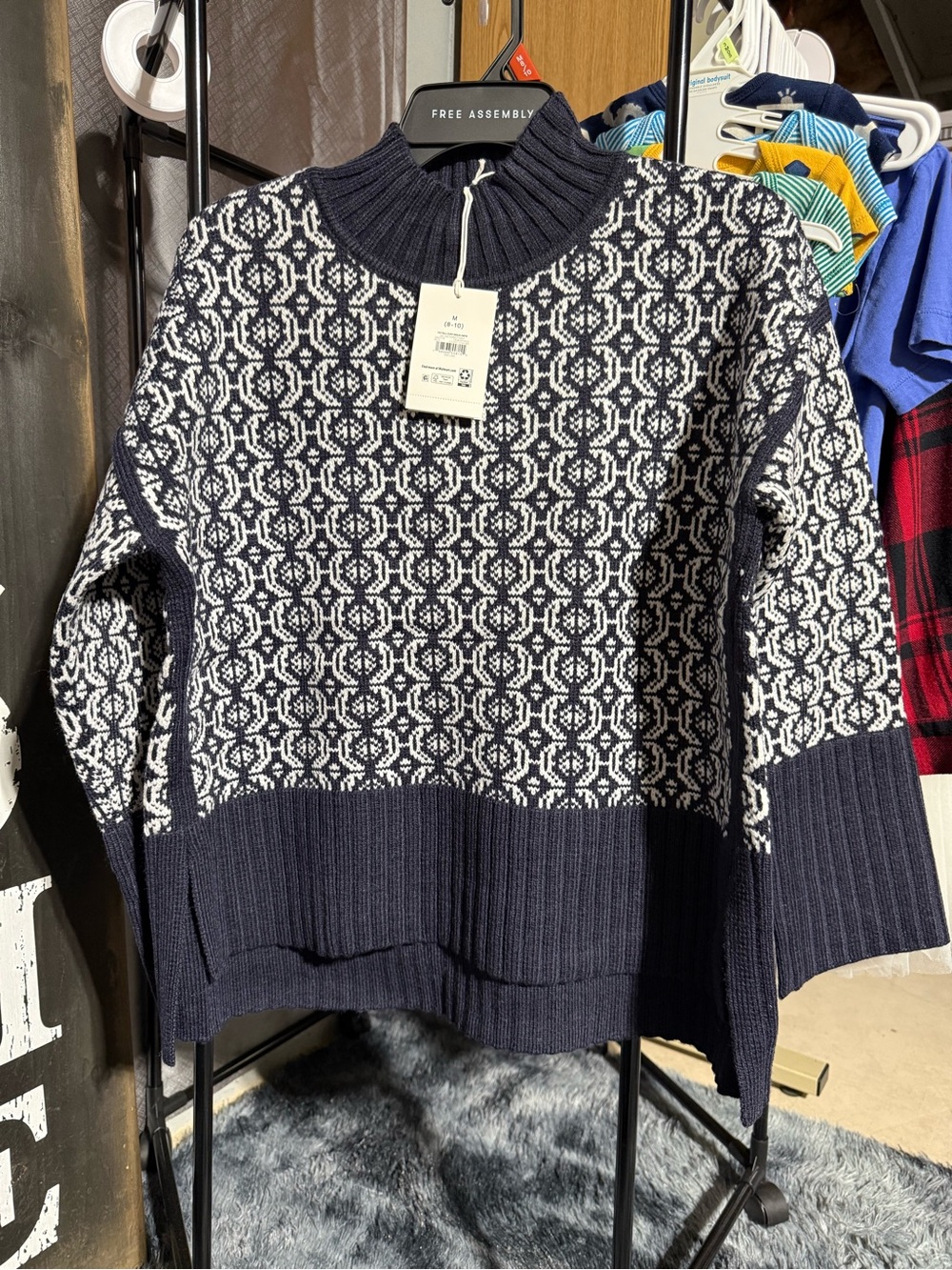 Free Assembly Navy & White Patterned Mock-Neck Sweater